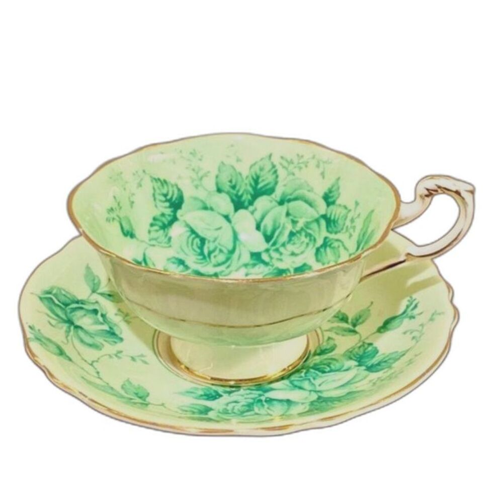 Vintage 1940s Paragon Double Warrant Bone China Green Cabbage Rose Cup & Saucer